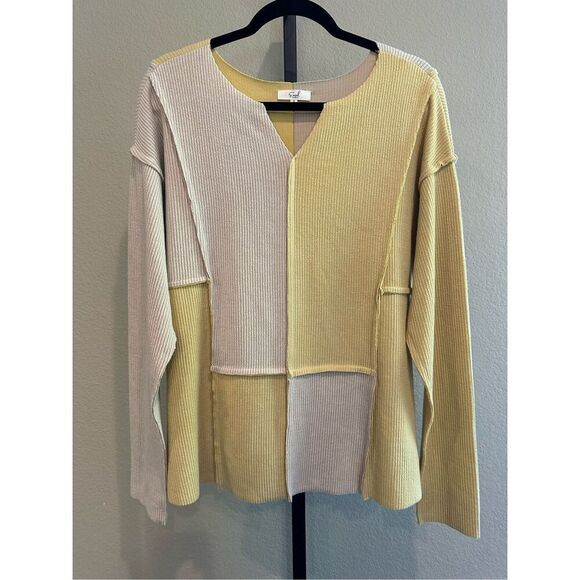 Size S Easel Color Block Rib Knit Tunic Top Yellow/Beige Cream - Picture 2 of 6